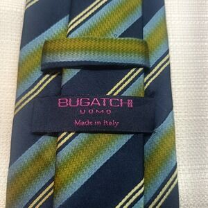 Bugatchi Uomo Blue Green Stripe 100% Silk Tie 60in‎ Made In Italy
